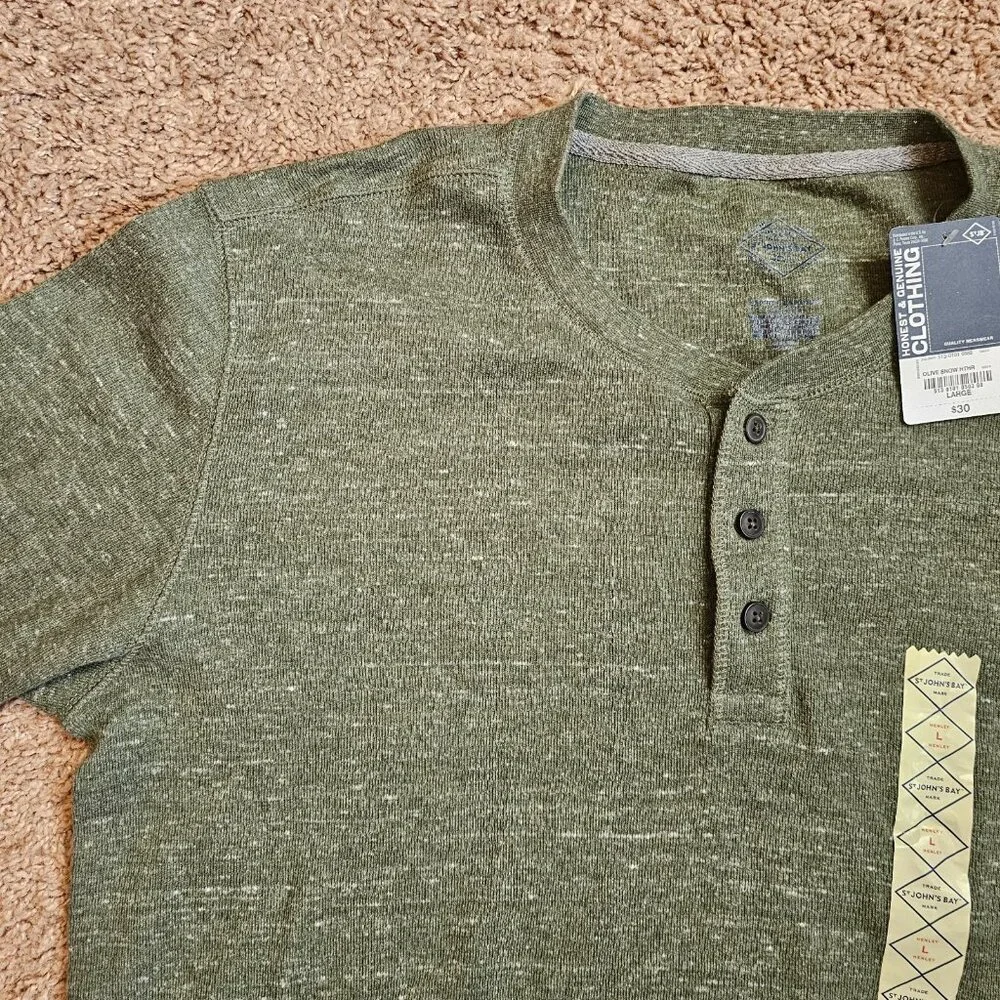NWT St Johns Bay Henley Shirt Men L Olive Green Long Sleeve Buttons Casual - Picture 7 of 13